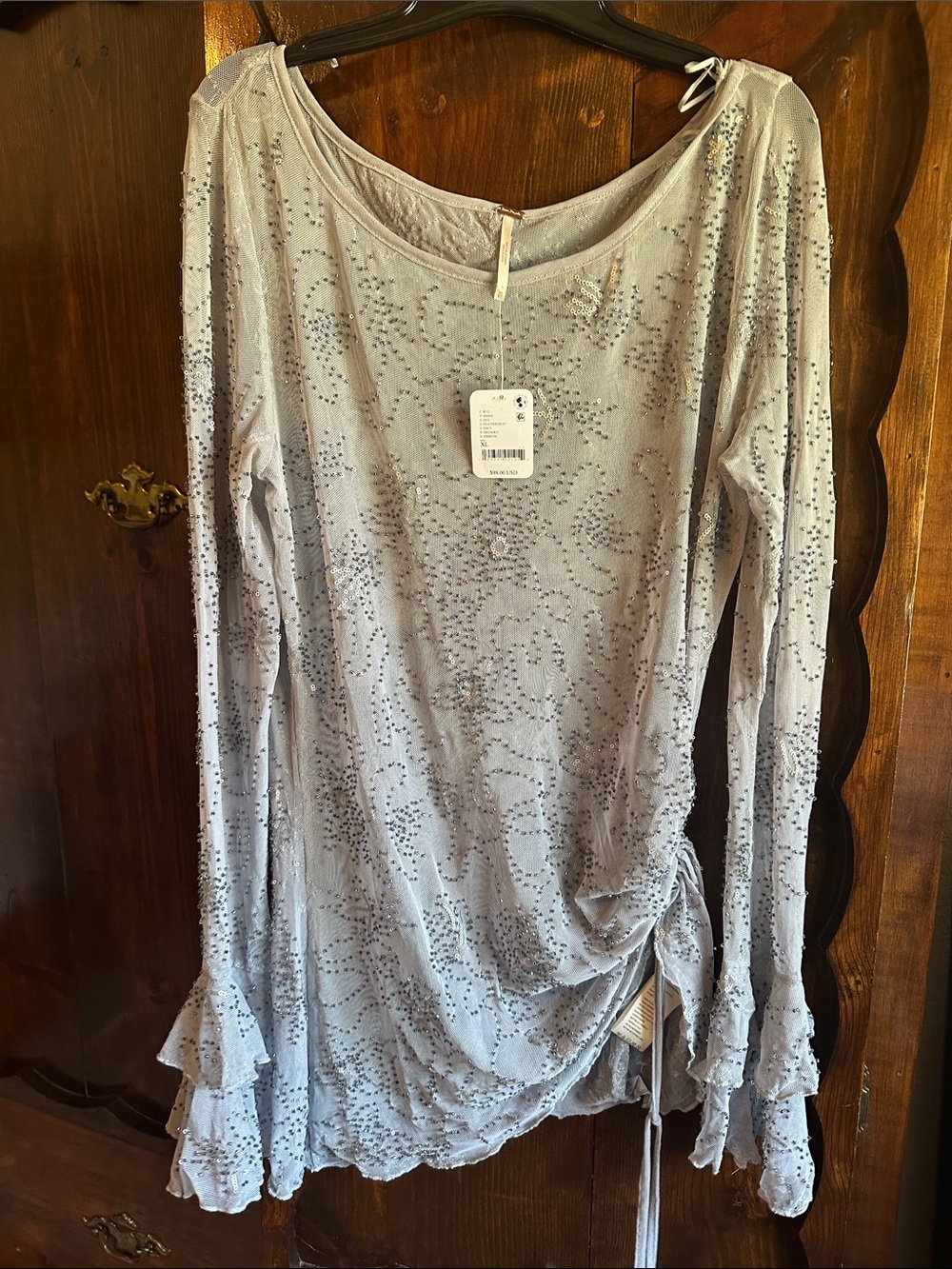 Free People Light Blue Long Sleeve Ruched Ruffle Cuff Top
